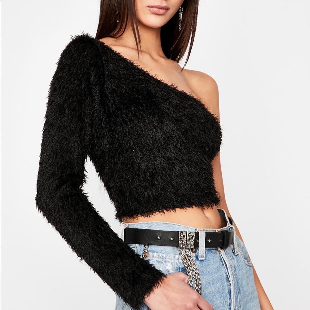 One Shoulder Fuzzy Crop Top